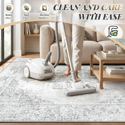 5x7 Area Rugs for Living Room, Washable Vintage Boho Medallion Rug Non Slip Low Pile Floor Carpet for Bedroom Nursery Dining Room (Grey, 5'x7')