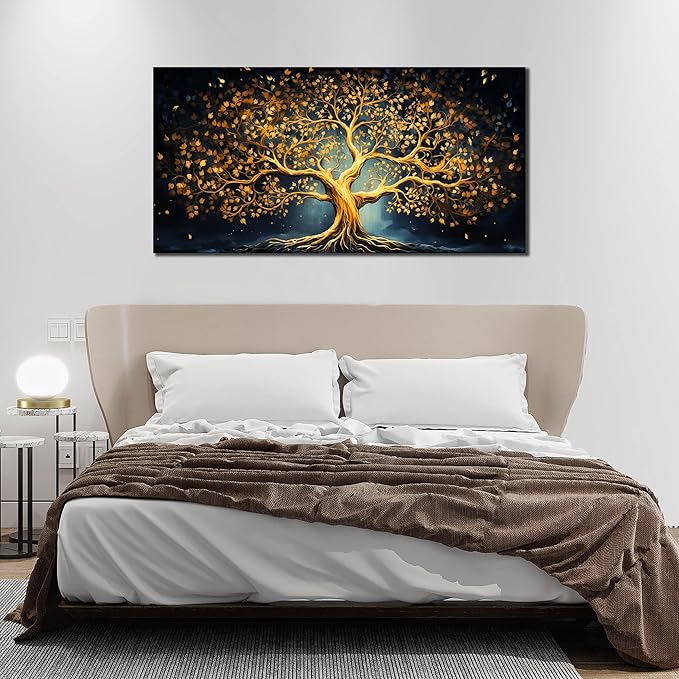 Ouzzlie Black Art for Office Decor Tree Wall Decor Living Room Modern Large Gold Canvas Wall Art for Bedroom 29" x 59"