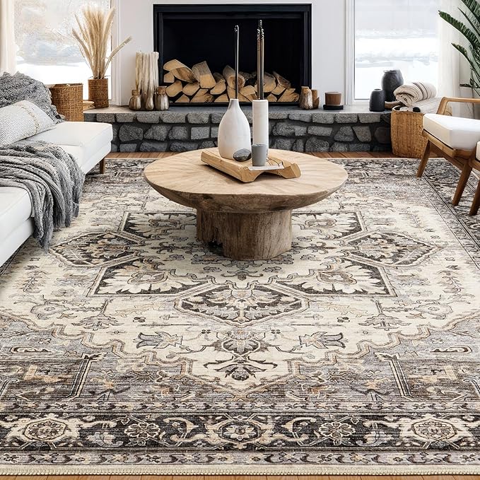 Area Rug for Living Room - 8x10 Soft Machine Washable Oriental Vintage Floral Distressed Large Indoor Floor Carpet for Bedroom Under Dining Table Home Office Decor - Grey Brown