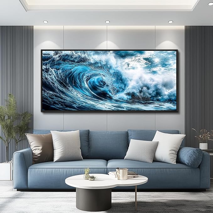 ERQINHUA Wall Art For Living Room Wall Decor For Bedroom Ocean Inspiration Pictures Blue Wave Canvas Printing Wall Paintings Office Mural Posters Modern Home Decor Aesthetics 32x72 In Black Framed