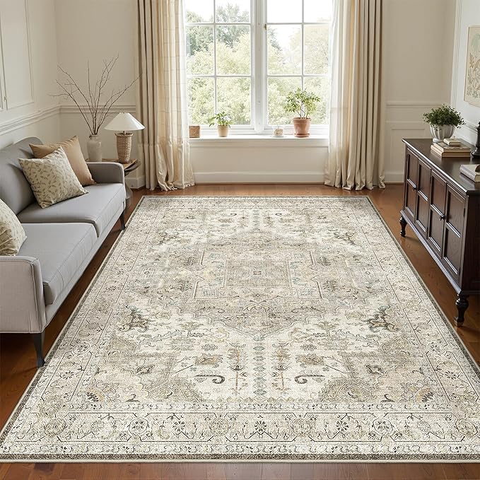 3x5 Rug,Ultra-Thin Washable Rugs for Living Room, Stain Resistant Entryway Rug,Non-Slip Area Rugs, Vintage Small Rugs (Brown/Ivory,3'x5')