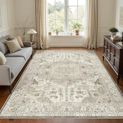 3x5 Rug,Ultra-Thin Washable Rugs for Living Room, Stain Resistant Entryway Rug,Non-Slip Area Rugs, Vintage Small Rugs (Brown/Ivory,3'x5')