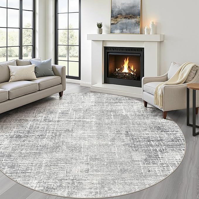 8ft Round Rug Living Room: 8x8 Washable Large Neutral Grey Circle Area Rug Abstract Soft Modern Stain Resistant Indoor Floor Non-Slip Carpet for Bedroom Nursery Kids Office Playroom Dining Room