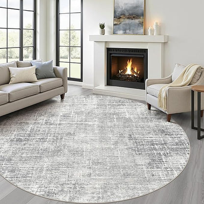 8ft Round Rug Living Room: 8x8 Washable Large Neutral Grey Circle Area Rug Abstract Soft Modern Stain Resistant Indoor Floor Non-Slip Carpet for Bedroom Nursery Kids Office Playroom Dining Room