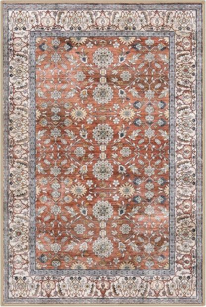 KUTA Vintage Area Rug 4x6 Washable Rug Traditional Floor Cover Foldable Red Clay Ultra Thin Soft Retro Accent Indoor Distressed Non Slip Carpet Floral Print Mat Bedroom Living Room Dorm Office