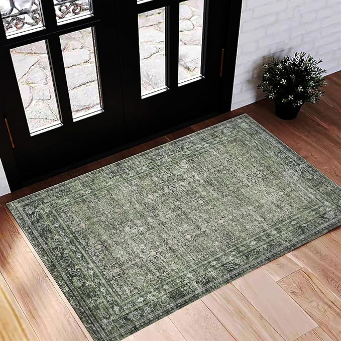 CHAMPLANT Washable Area Rug 2'x3' Door Mat Vintage Distressed Doormat Indoor Entrance Traditional Thin Rug Floral Print Non Slip Carpet for Kitchen Bathroom Bedroom Living Room