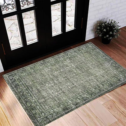 CHAMPLANT Washable Area Rug 2'x3' Door Mat Vintage Distressed Doormat Indoor Entrance Traditional Thin Rug Floral Print Non Slip Carpet for Kitchen Bathroom Bedroom Living Room