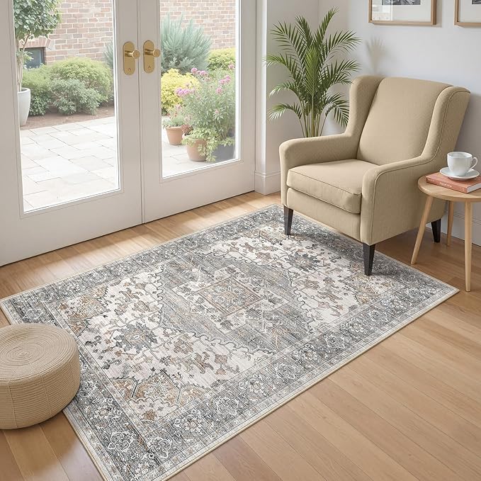 3x5 Washable Area Rugs for Living Room: Non Slip Vintage Gray Brown Rug, Large Soft Stain Resistant Indoor Floor Carpets for Bedroom Dining Room Nursery Home Office Kid & Pet Friendly