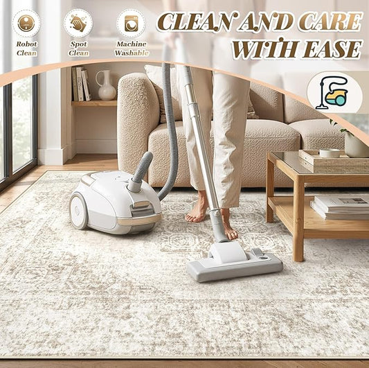 5x7 Area Rugs for Living Room, Washable Vintage Boho Neutral Medallion Rug Non Slip Low Pile Floor Carpet for Bedroom Nursery Dining Room (Beige, 5'x7')