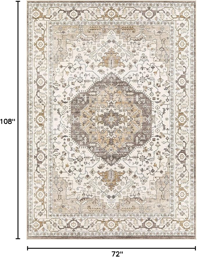 Area Rug for Living Room - 6x9 Soft Washable Oriental Vintage Floral Distressed Large Carpet - Fade Stain Resistant Non Slip Rugs for Bedroom Dining Room Nursery Dorm Office Home Decor-Camel/Beige