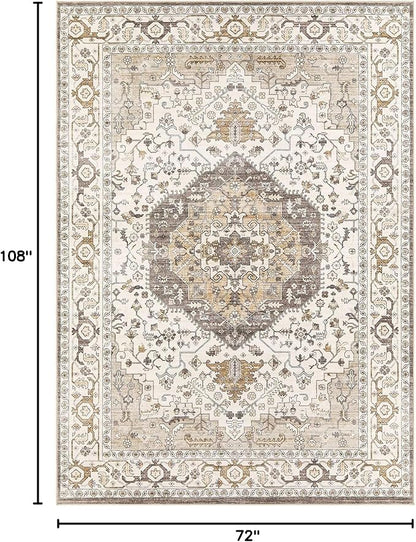 Area Rug for Living Room - 6x9 Soft Washable Oriental Vintage Floral Distressed Large Carpet - Fade Stain Resistant Non Slip Rugs for Bedroom Dining Room Nursery Dorm Office Home Decor-Camel/Beige