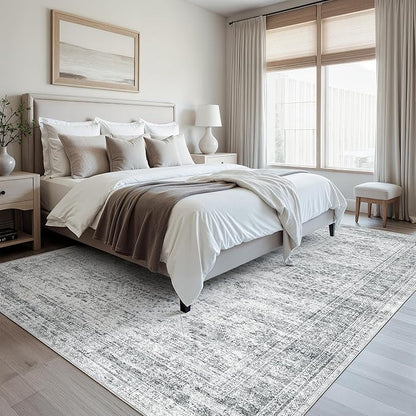 Soalmost Washable Area Rug 8x10, Large Soft Rugs for Living Room Farmhouse Vintage Gray Area Rugs for Bedroom Dining Room Non-Slip Stain Resistant Under Table Rug Grey