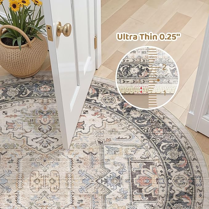 Area Rug for Living Room - 8x8 Large Soft Washable Oriental Vintage Floral Carpet Safe for Babies & Pets - Fade Stain Resistant Non Slip Rugs for Bedroom Dining Room Nursery Dorm Office Home Decor