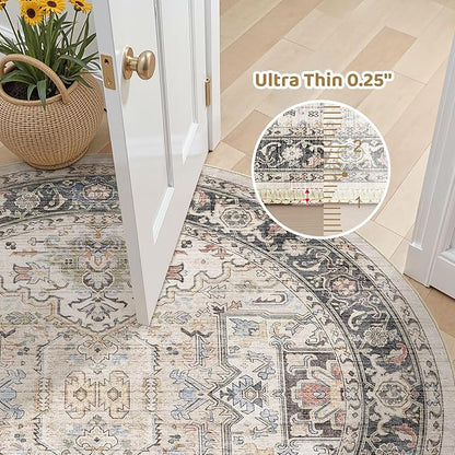 Area Rug for Living Room - 8x8 Large Soft Washable Oriental Vintage Floral Carpet Safe for Babies & Pets - Fade Stain Resistant Non Slip Rugs for Bedroom Dining Room Nursery Dorm Office Home Decor