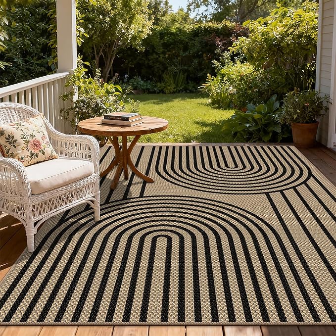 Easy Jute Rug for Living Room, 5' x 7' Area Rug, Black Farmhouse Ultra-Thin Washable Non-Slip Outdoor Rug for Bedroom, Dining Room, Backyard, Home Decor