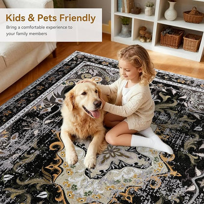 RUSHUFFY 5x7 Washable Area Rugs for Bedroom, Vintage Boho Distressed Print Pattern Rugs for Living Room, Soft Non-Slip Carpet for Indoor Dining Room Nursery Farmhouse Girls Room, Black & Gold