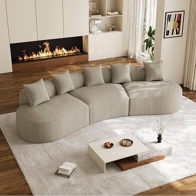 134" Oversized Sectional Sofa for Living Room, Modern Luxury Plush Chenille 4-Seater Extra Deep & Wide Seat Curved Cloud Couch with 5 Throw Pillows, No Assembly Needed, Light Brown