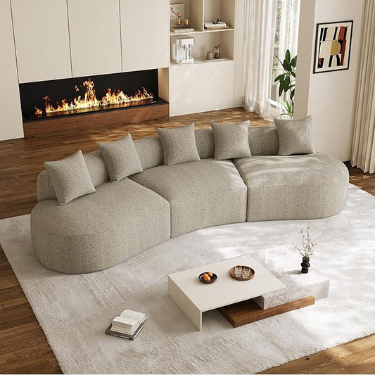 134" Oversized Sectional Sofa for Living Room, Modern Luxury Plush Chenille 4-Seater Extra Deep & Wide Seat Curved Cloud Couch with 5 Throw Pillows, No Assembly Needed, Light Brown