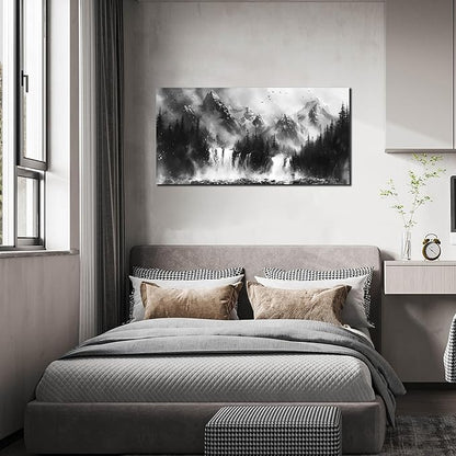 Mountain Wall Art For Office - Black And White Pictures Wall Art For Living Room - Forest Wall Decor For Bedroom Size 20" x 40"