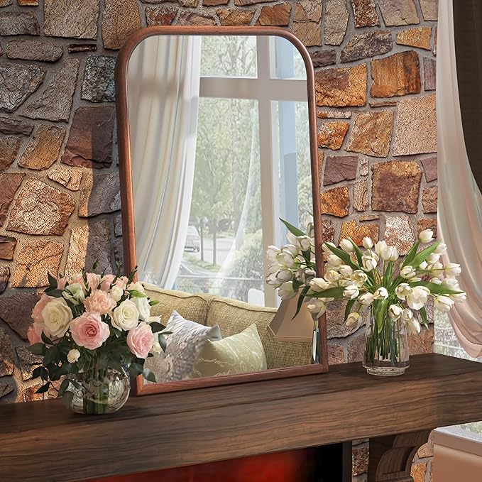24"x36" Arch Wall Mirror Bathroom Mirror for Wall Mounted, Tempered Glass, Wood Grain Finish Frame Wall Mirror Decorative for Living Room Bedroom Entryway, Walnut