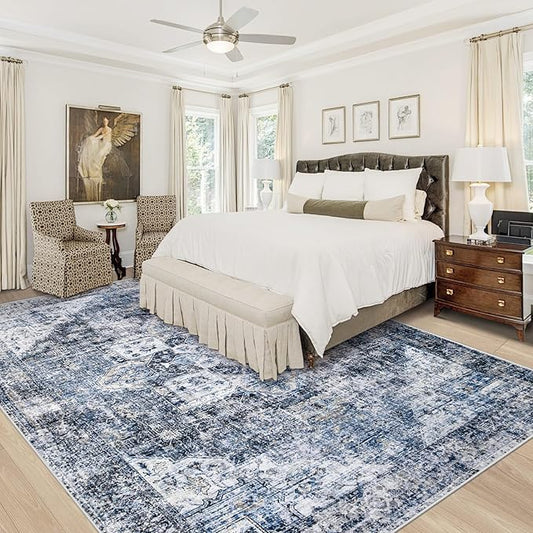 Area Rug 8x10 Washable Rug, Vintage Boho Medallion Rugs Non-Slip Soft Low Pile Large Distressed Rug Indoor Retro Carpet for Living Room Bedroom Dining Room Home Office (Blue, 8'x10')