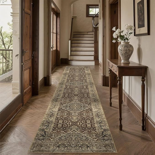 Non-Slip Runner Rugs for Hallway: 2x14 Washable Long Rug for Entryway Kitchen Bathroom Bedroom Indoor - Vintage Home Decor Mat Carpet - Brown