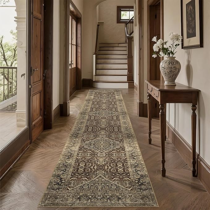 Non-Slip Runner Rugs for Hallway: 2x8 Washable Long Rug for Entryway Kitchen Bathroom Bedroom Indoor - Vintage Home Decor Mat Carpet - Brown
