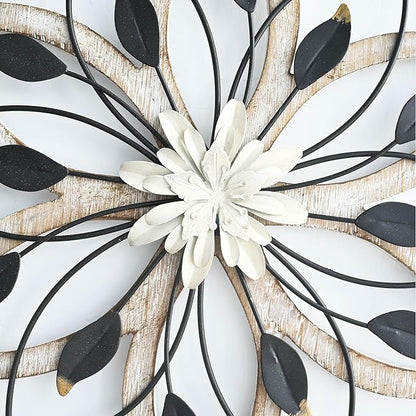 Remenna Whitewash Flowers Wood Wall Decor, Metal Rustic Wall Art Farmhouse Wall Decorations Multiple Floral Hanging Decor for Bathroom Living Room Home Office Garden Kitchen