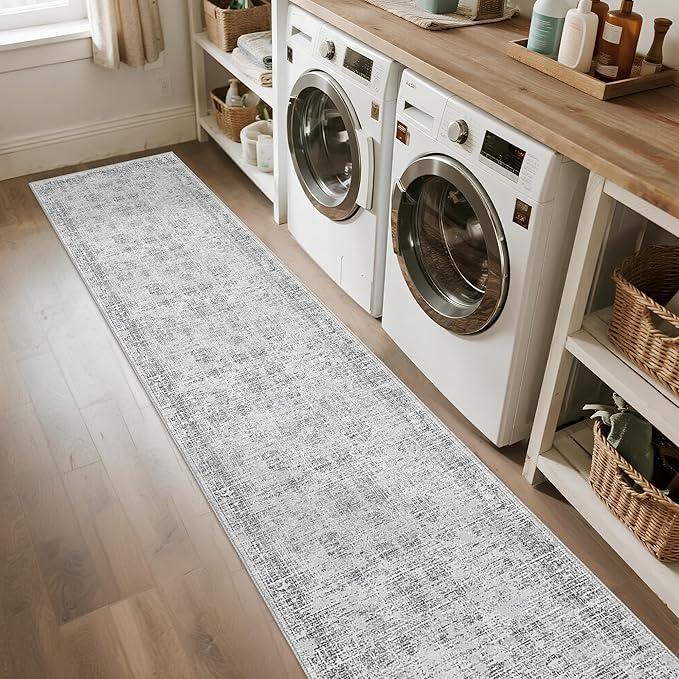 Grey Runner Rugs for Hallway: Abstract Washable Runner Rug 2x10 for Entryway Kitchen Bedroom Bathroom - Modern Cozy Home Decor Long Carpet Mat Stain-Resistant - Light Grey