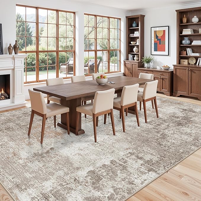 12x15 Area Rug for Living Room – Large Modern Neutral Abstract Thin Washable Carpet, Soft Low Pile Non-Slip Stain-Resistant for Bedroom Dining Room Home Office (Beige Grey)