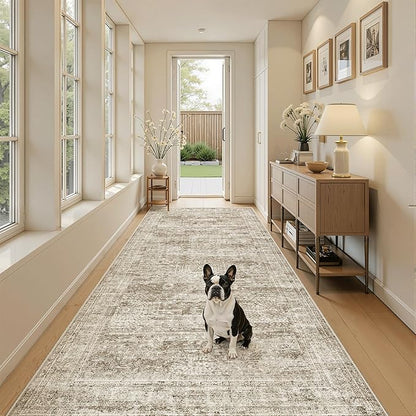 Soalmost Hallway Runner Rug 4x8 Wide: Washable Thin Runners for Hallways Entry, Non Slip Soft Vintage Kitchen Area Rugs for Living Room Bedroom Dining Room Foyer (Brown, 4x8)