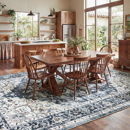 AMADA HOMEFURNISHING 8x10 Washable Area Rug, Low-Profile with Non-Slip Backing & Durable Edge Binding, Vintage Large Rugs for Living Room, Bedroom, Dining Room, Blue