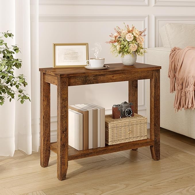 Hoctieon End Table with Double Storage Shelves, Sturdy Wooden Side Table for Living Room, Bedroom, Modern Nightstand Sofa Table for Small Spaces, Rustic Brown, Set of 2