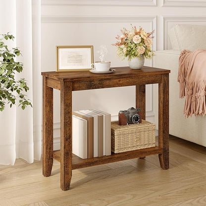Hoctieon End Table with Double Storage Shelves, Sturdy Wooden Side Table for Living Room, Bedroom, Modern Nightstand Sofa Table for Small Spaces, Rustic Brown, Set of 2