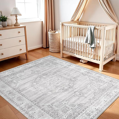 Washable Area Rugs 5x6 Entryway: Soft Ultra Thin Low Pile Mat Machine Washable Indoor Doormat Lightweight Entry Rug Anti Slip Backing Rugs for Living Room Bedroom Kitchen 5'x6' Light Grey