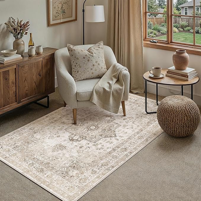PureCozy Taupe Area Rug 3x4 Washable Vintage Carpet for Office Kitchen Non Slip Retro Distressed Door Mat Low Pile Soft Oriental Medallion Thin Small Throw Rug Entryway Bedroom Bathroom Dining Room