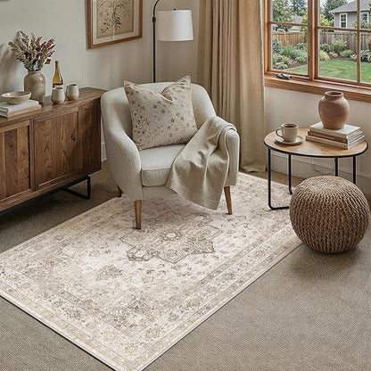 PureCozy Taupe Area Rug 3x4 Washable Vintage Carpet for Office Kitchen Non Slip Retro Distressed Door Mat Low Pile Soft Oriental Medallion Thin Small Throw Rug Entryway Bedroom Bathroom Dining Room