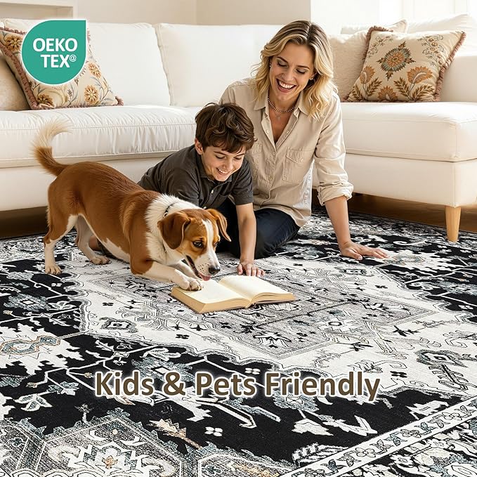 6x9 Washable Area Rugs for Living Room: Non Slip Vintage Black Rug, Large Soft Stain Resistant Indoor Floor Carpets for Bedroom Dining Room Nursery Home Office Kid & Pet Friendly