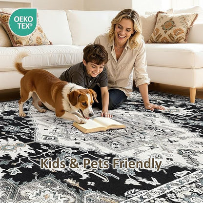 6x9 Washable Area Rugs for Living Room: Non Slip Vintage Black Rug, Large Soft Stain Resistant Indoor Floor Carpets for Bedroom Dining Room Nursery Home Office Kid & Pet Friendly