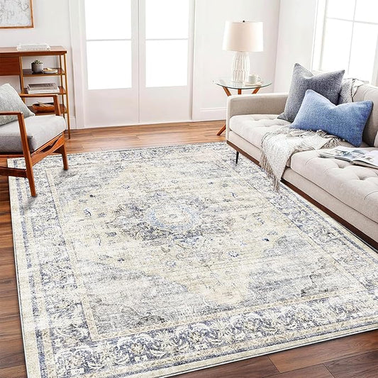 CHAMPLANT Area Rug 5'x7' Washable Rug Floral Blue Vintage Traditional Floor Cover Thin Retro Kitchen Indoor Distressed Non Slip Carpet for Living Room Bedroom Dining Room