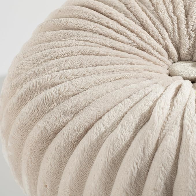 HIG Decorative Round Throw Pillows for Bed Couch -Set of 2 Handcraft Ruched Pumpkin Pillow, Soft and Durable Flannel Floor Pillow for Home Decor, Bed Living Room and Sofa (Beige,14.5"x14.5")