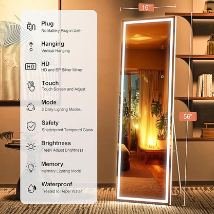 Full Length Mirror with Lights, 56" x 16" LED Lighted Floor Standing Body Mirror, Dimmable & 3 Color Lighting for Bedroom, Cloakroom, Dressing Room, Tempered Glass, Square White