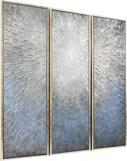Empire Art Direct Abstract Wall Art Textured Hand Painted Canvas by Martin Edwards, Triptych, 60" x 20" each, Silver Ice
