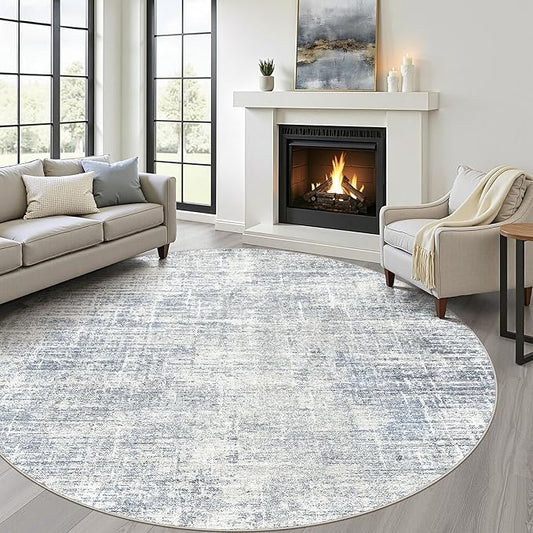 6ft Round Rug Living Room: 6x6 Washable Large Neutral Blue Circle Area Rug Abstract Soft Modern Stain Resistant Indoor Floor Non-Slip Carpet for Bedroom Nursery Kids Office Playroom Dining Room