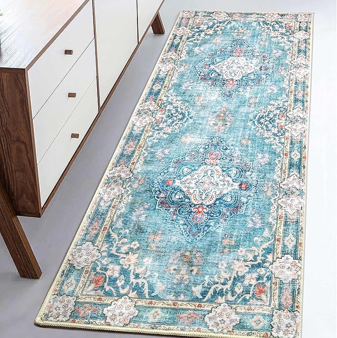 MUJOO Teal Runner Rug 2'x6', Long Washable Rug Runners for Hallways Entryway Kitchen Bathroom Bedside,Boho Vintage Bohemian Distressed Farmhouse Non Slip Carpet,Floral