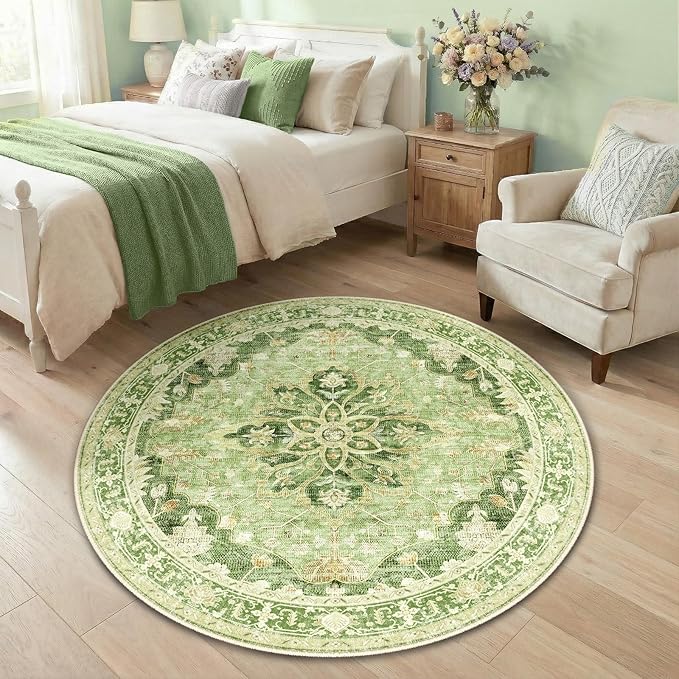 RELEANY Area Rugs Round 4ft Washable Non-Slip, Floral Vintage Distress Print Pattern Medallion Carpet for Living Room Bedroom Dining Room, Sage Green Yellow