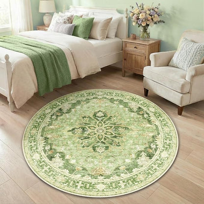 RELEANY Area Rugs Round 4ft Washable Non-Slip, Floral Vintage Distress Print Pattern Medallion Carpet for Living Room Bedroom Dining Room, Sage Green Yellow