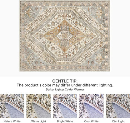 Bavni Runner Rug 2x10 Kitchen Rugs for Hallways Entryway, Washable Vintage Print Carpet, Ultra-Thin Chenille Low Pile Lightweight Rug with Non Slip Backing, Tan/Grey