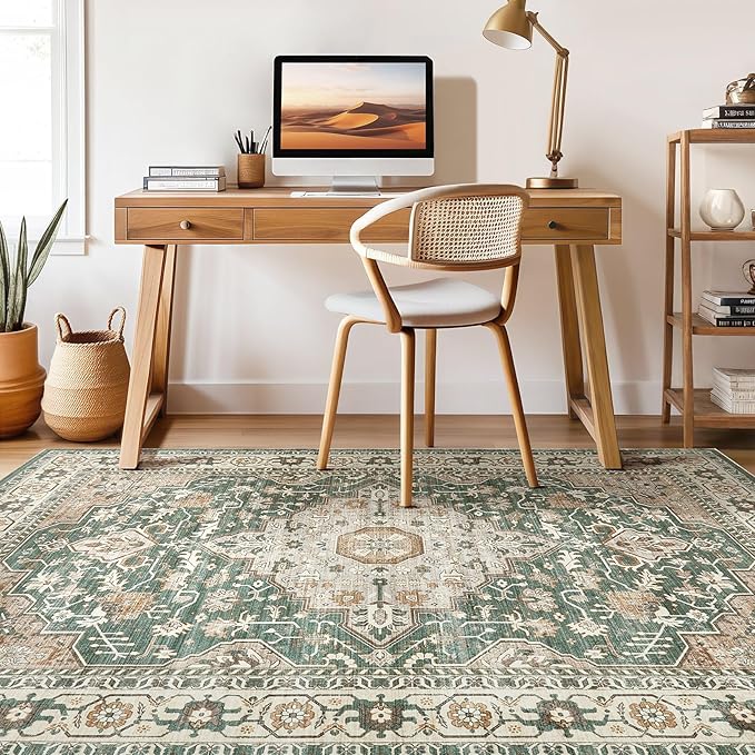 Green Rug Living Room Rugs: 8x10 Washable Boho Large Vintage Soft Stain Resistant Farmhouse Oriental Non Slip Indoor Floor Carpet for Bedroom Nursery Kids Playroom Office Dining Room Home Decor