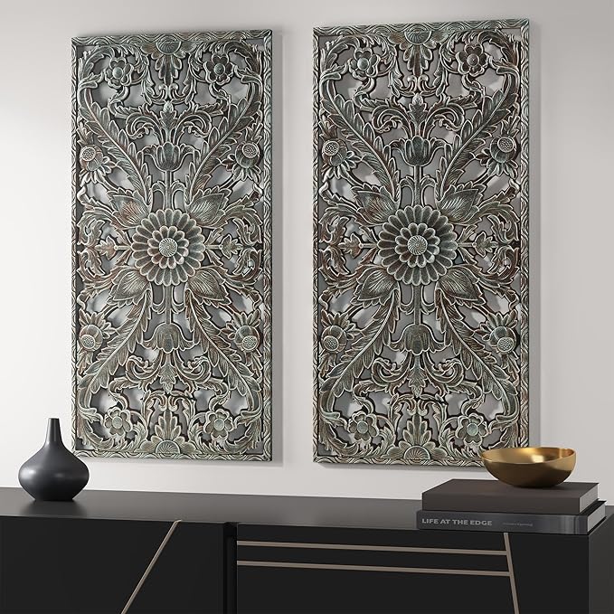 Madison Park Wall Art Living Room Décor - Floral Antiqued Wooden Carving Wall Decor Panel, Copper Embellished, Ready to Hang Wall Decor for Bedroom, 15.75"W x 31.5"L x 0.59"D, Patina Blue, 2 Piece